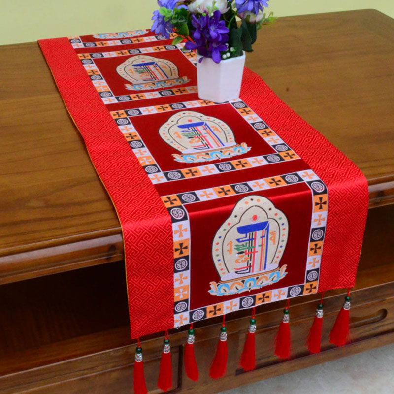 Buddha Stones Prayer Altar Mat Man-Bcu Kalachakra Endless Knot Vajra Tibetan Auspicious Symbols Tassels Table Runner - Man-Bcu Kalachakra - Red - 190*33cm - image 4