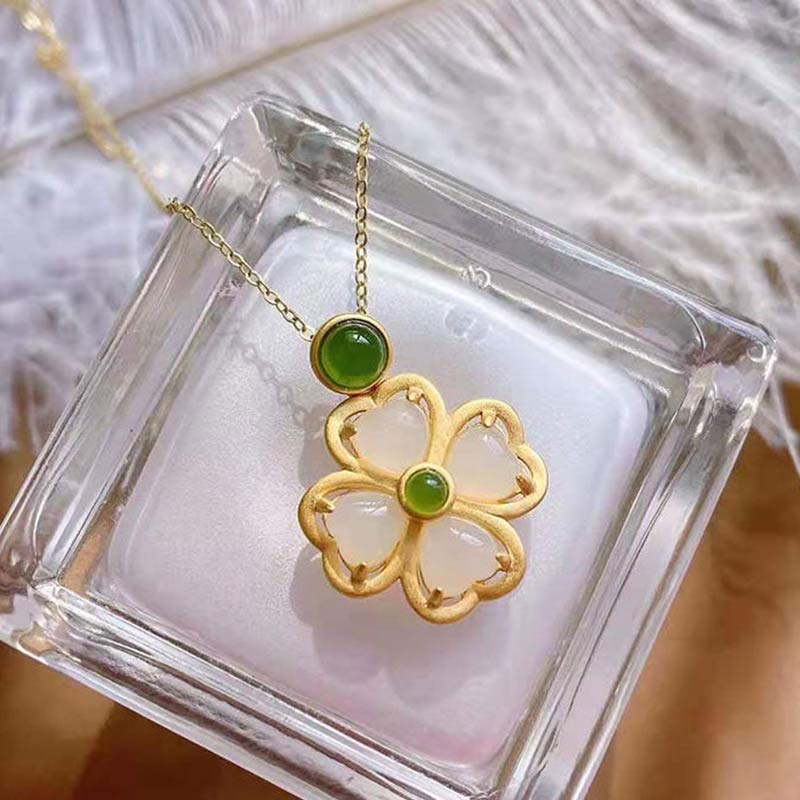 Buddha Stones 925 Sterling Silver Lucky Four Leaf Clover Jade Prosperity Necklace Chain Pendant - image 8