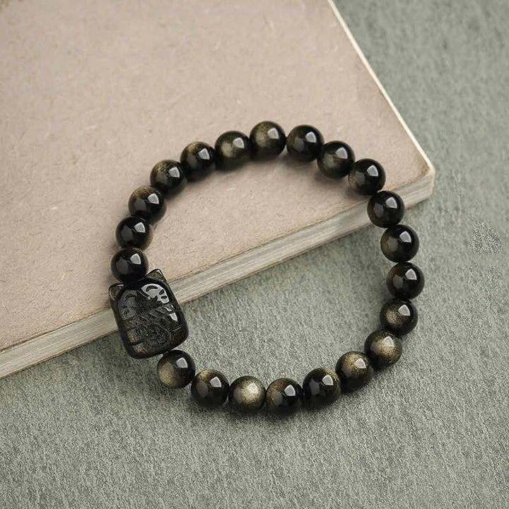 Buddha Stones Gold Sheen Obsidian Silver Sheen Obsidian Lovely Paw Lucky Cat Protection Bracelet - Gold Sheen Obsidian - Lucky Cat - 8mm - image 18