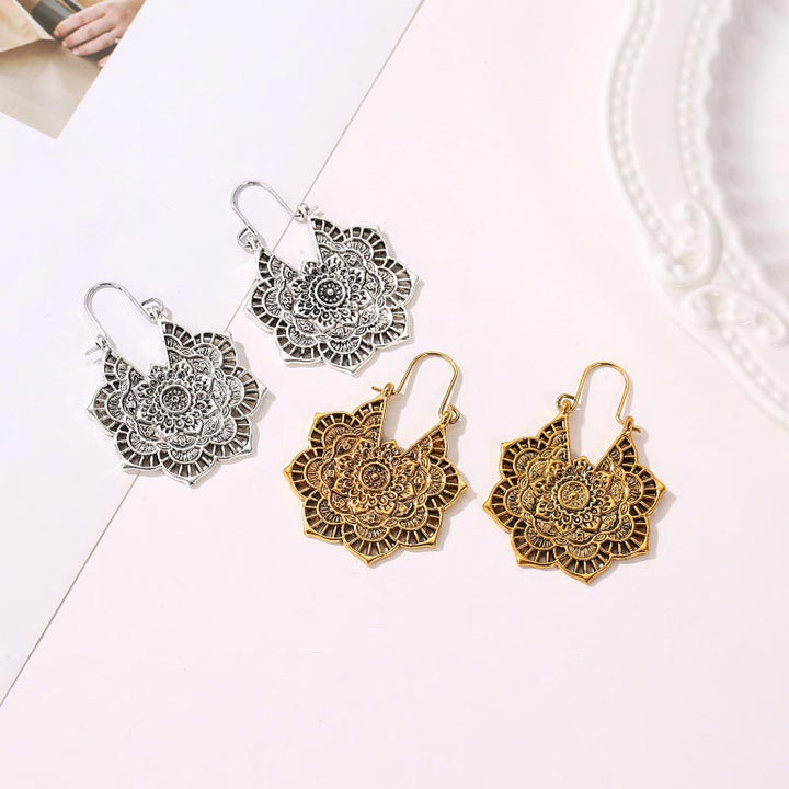 Buddha Stones Tibetan Lotus Engraving Copper Blessing Drop Earrings - image 7