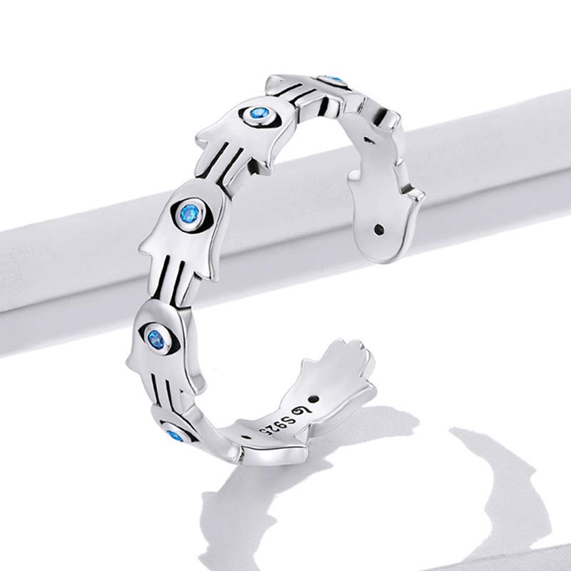 Buddha Stones 925 Sterling Silver Hamsa Symbol Zircon Adjustable Ring - image 4