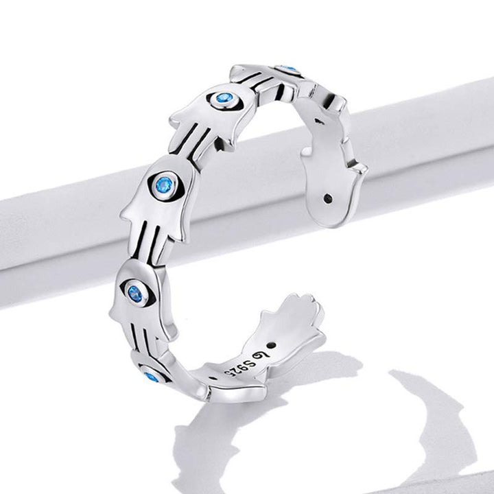 Buddha Stones 925 Sterling Silver Hamsa Symbol Zircon Adjustable Ring - image 4