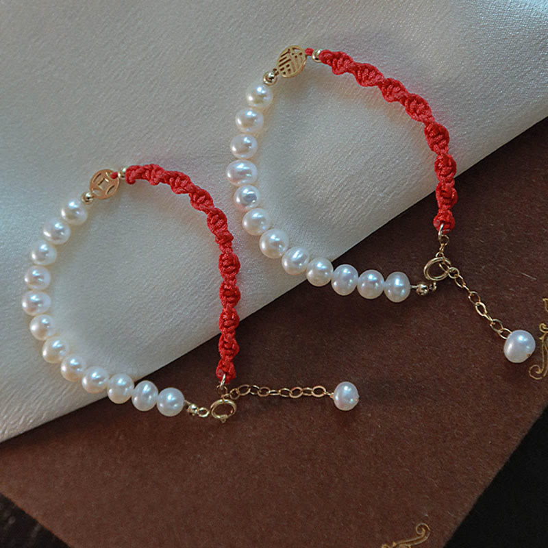 Buddha Stones 14K Gold Plated Pearl Bead Luck Protection Braid Red String Bracelet - image 3