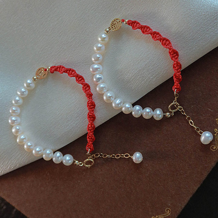 Buddha Stones 14K Gold Plated Pearl Bead Luck Protection Braid Red String Bracelet - image 3