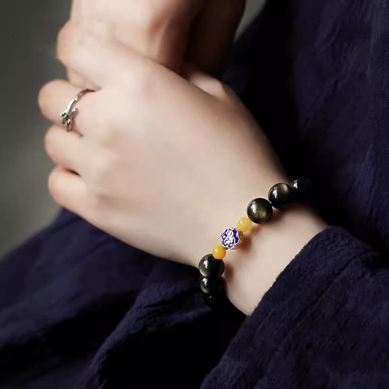 Buddha Stones 925 Sterling Silver Chinese Zodiac Natal Buddha Natural Gold Sheen Obsidian Amber Wealth Protection Bracelet - image 10