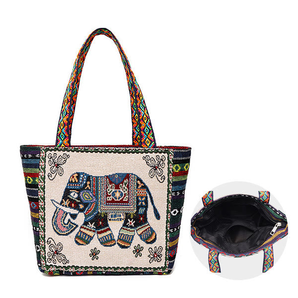 Buddha Stones Elephant Butterfly Embroidered Large Capacity Canvas Tote Bag Shoulder Bag - image 1