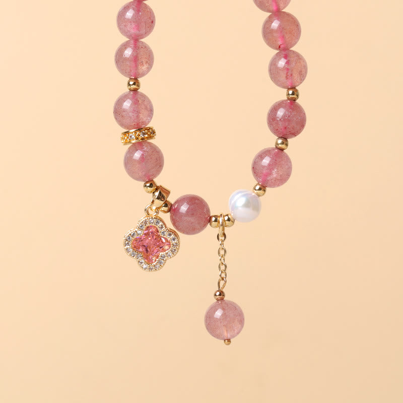 Buddha Stones Strawberry Quartz Pearl Four Leaf Clover Charm Healing Bracelet - image 2