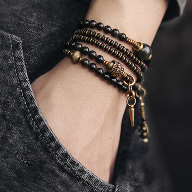 Buddha Stones Rainbow Obsidian Ebony Wood Copper Positive Multilayer Bracelet - image 2