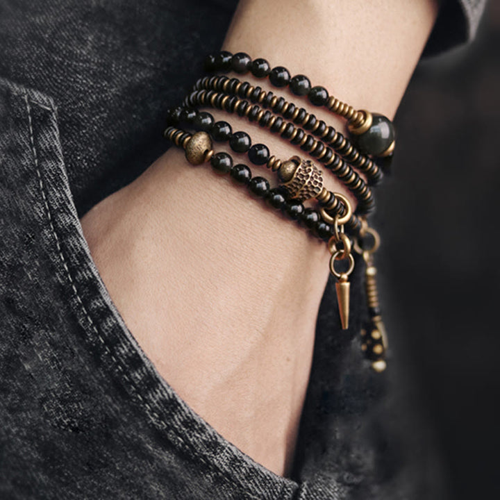 Buddha Stones Rainbow Obsidian Ebony Wood Copper Positive Multilayer Bracelet - image 2