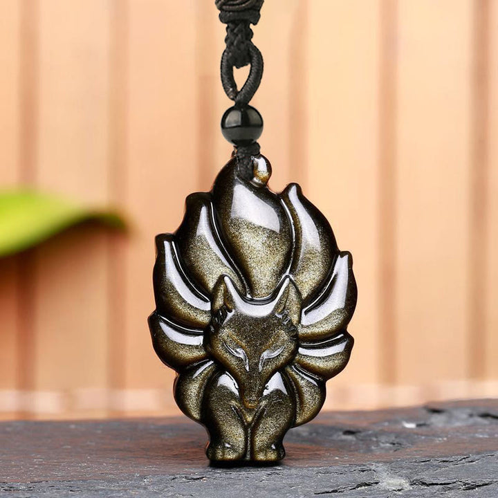 Buddha Stones Natural Fluorite Gold Sheen Obsidian Fox Pendant Protection Necklace - image 7