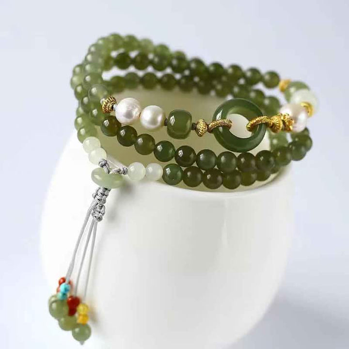 Buddha Stones Hetian Jade Pearl Peace Buckle Luck Wealth String Bracelet - Hetian Jade(Prosperity♥Abundance) - image 0