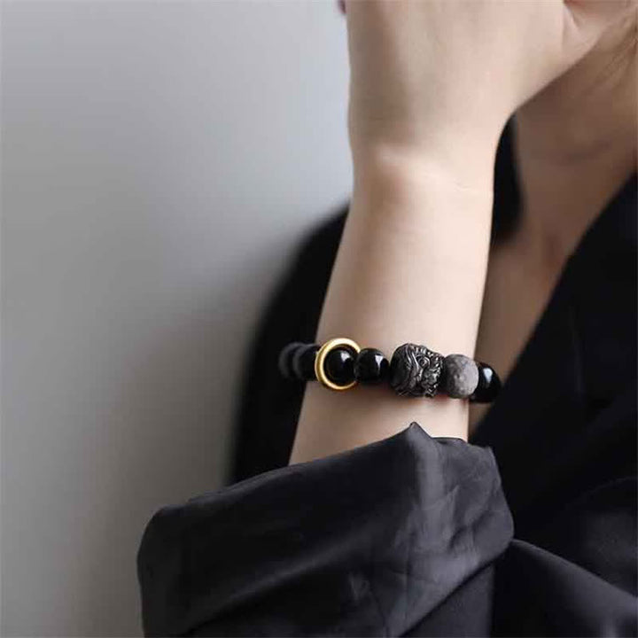 Buddha Stones Black Obsidian Silver Sheen Obsidian Lion Strength Bracelet - image 2