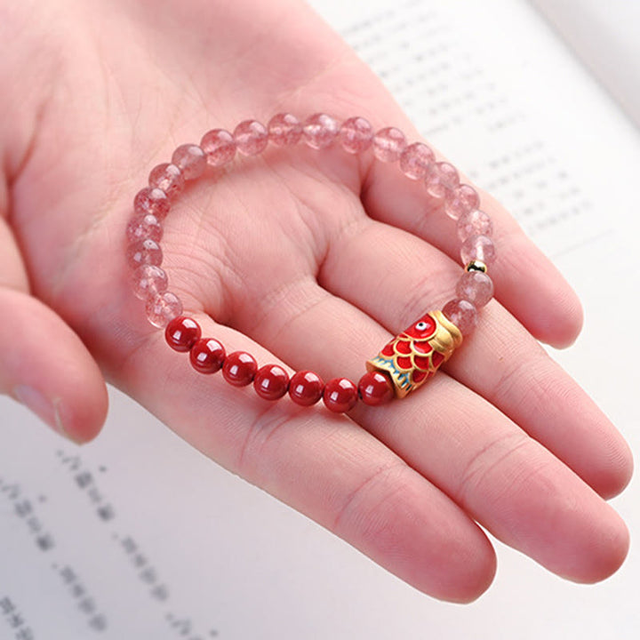Buddha Stones Natural Strawberry Quartz Cinnabar Lucky Koi Fish Healing Bracelet - image 18