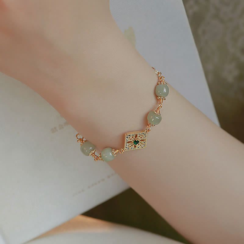 Buddha Stones Natural Hetian Jade Bead Square Pattern Luck Chain Bracelet - image 4