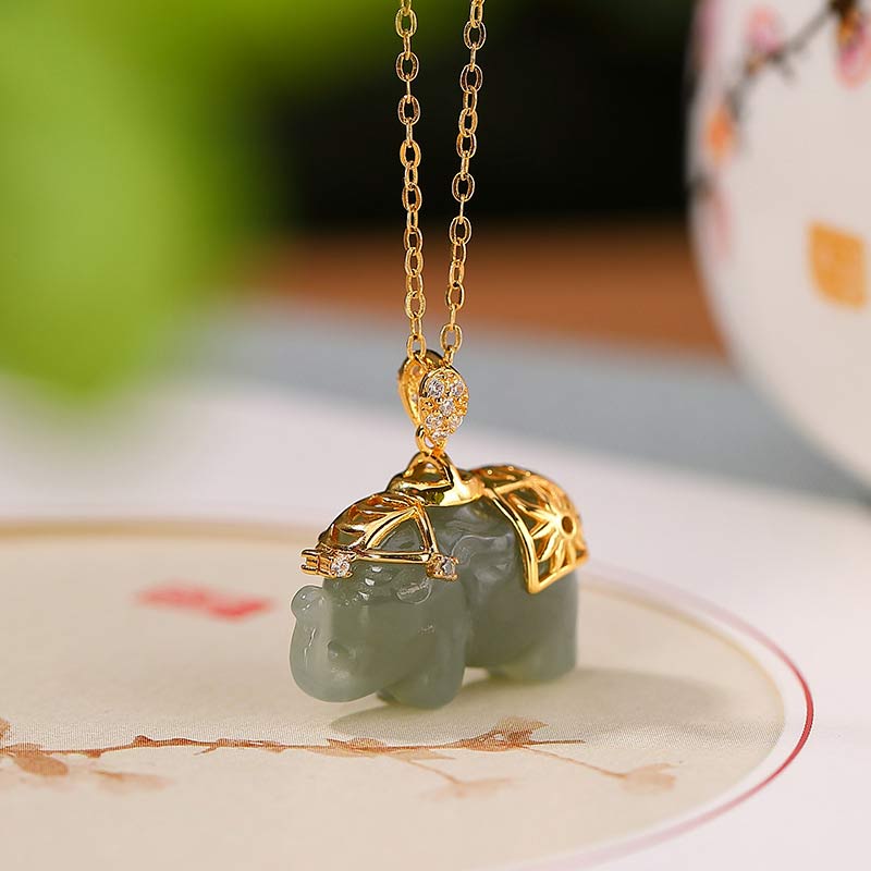 Buddha Stones 925 Sterling Silver Jade Elephant Blessing Fortune Necklace Chain Pendant - Jade - image 0