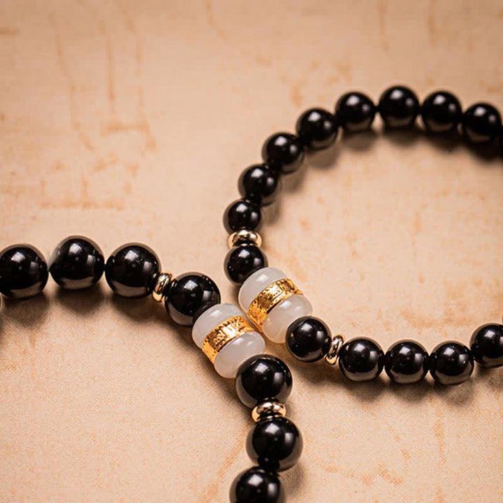 Buddha Stones Black Obsidian Jade Om Mani Padme Hum Strength Couple Magnetic Bracelet - image 14