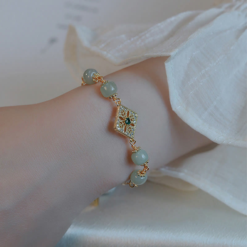 Buddha Stones Natural Hetian Jade Bead Square Pattern Luck Chain Bracelet - image 1