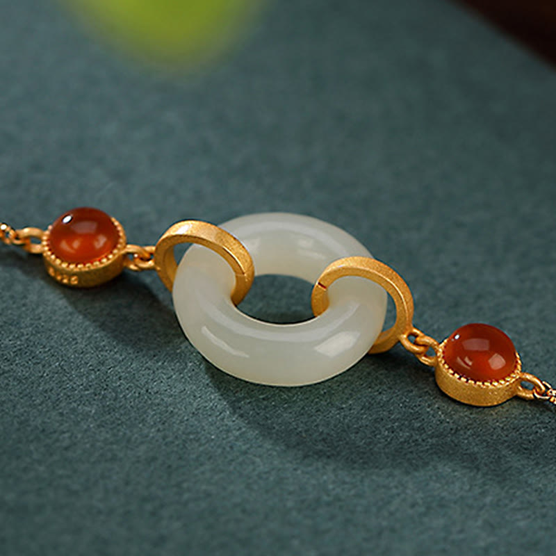 Buddha Stones 925 Sterling Silver Plated Gold Natural Hetian Jade Peace Buckle Red Agate Luck Bracelet - image 3