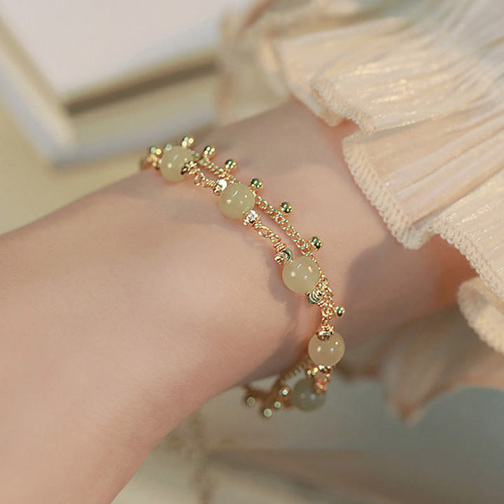 Buddha Stones 14K Gold Plated 2 Layers Hetian Jade Bead Luck Prosperity Bracelet - Hetian Jade Bead Chain Bracelet - image 3