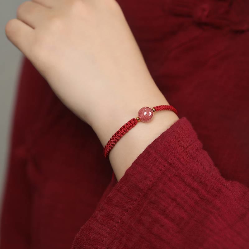 Buddha Stones Natural Strawberry Quartz Crystal Love Red String Weave Bracelet Anklet - image 9