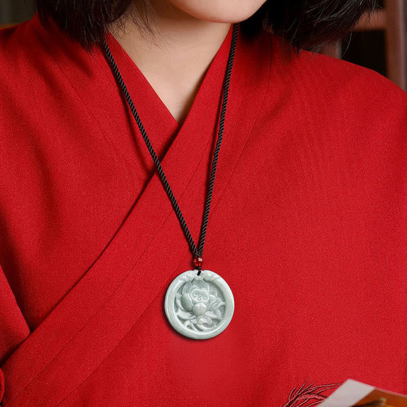 Buddha Stones Natural Jade Lotus Flower Carved Prosperity Necklace Pendant - image 7