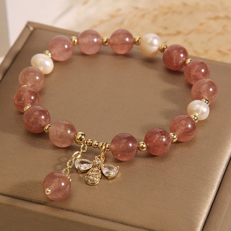 Buddha Stones Strawberry Quartz Pearl Cute Zircon Honeybee Positive Charm Bracelet - image 2