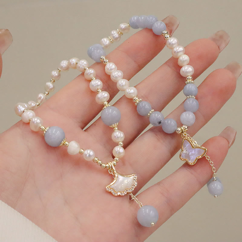 Buddha Stones Natural Aquamarine Pearl Healing Ginkgo Leaf Butterfly Charm Bracelet - image 1