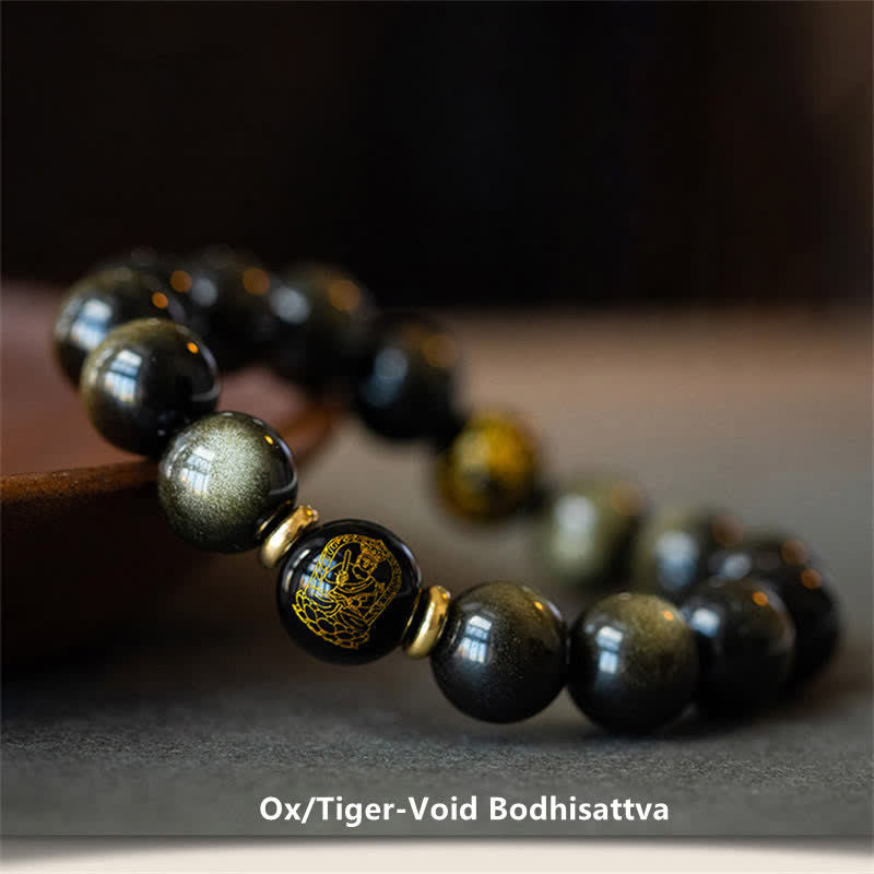 Buddha Stones Chinese Zodiac Natal Buddha Gold Sheen Obsidian Wealth Protection Bracelet - Ox/Tiger-Void Bodhisattva - image 4
