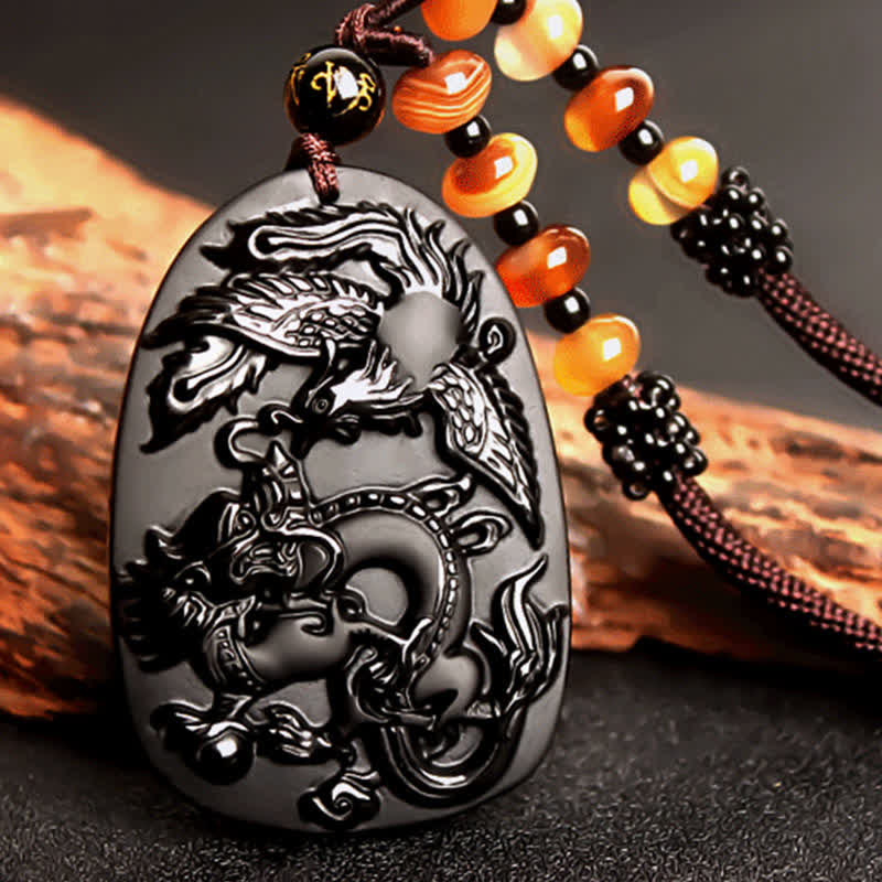 Buddha Stones Black Obsidian Tiger Eye Dragon Phoenix Protection Beaded Necklace Pendant - image 2