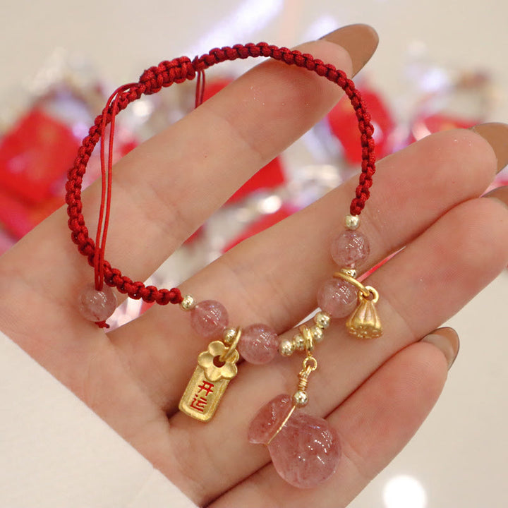 Buddha Stones Natural Strawberry Quartz Money Bag Lotus Healing Charm Red String Braided Bracelet - image 5