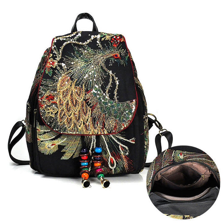 Buddha Stones Peacock Embroidery Canvas Tassel Backpack - image 1