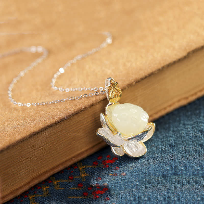 Buddha Stones White Jade Lotus Flower Happiness Necklace - image 1