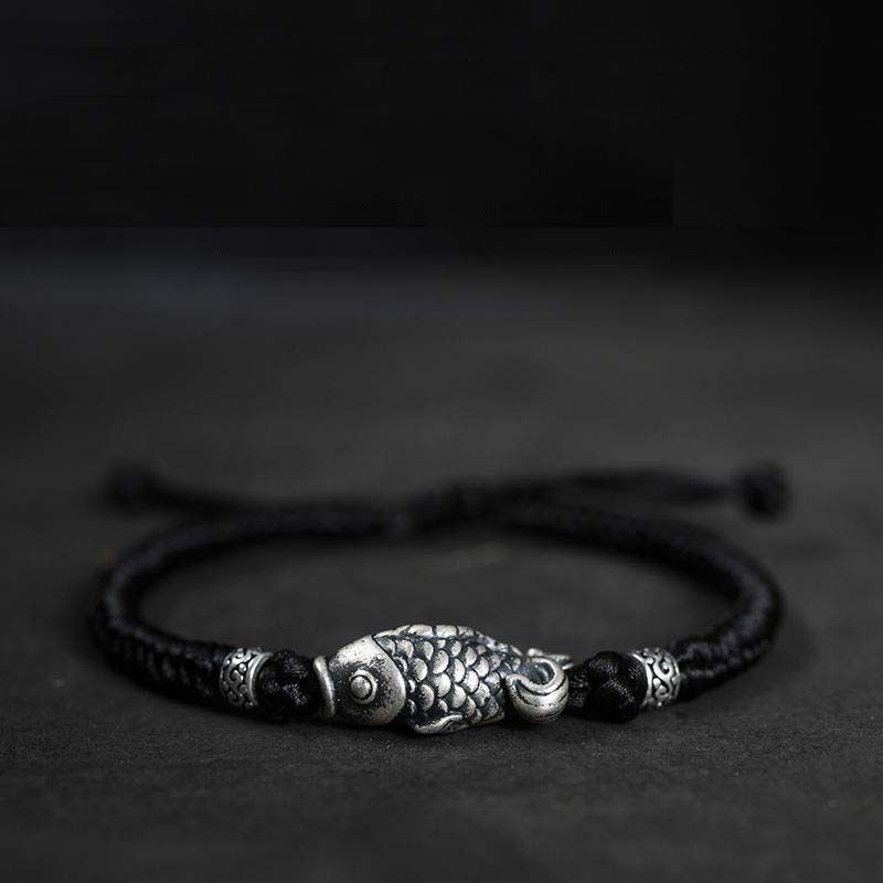 Buddha Stones Silver Luck Koi Fish Braided String Bracelet - Black(Wrist Circumference 14-20cm) - image 1