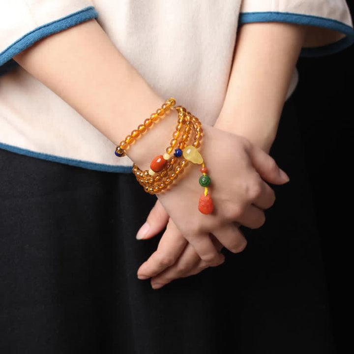 108 Mala Beads Natural Citrine Amber Peace Buckle Red Agate PiXiu Protection Charm Bracelet - image 23