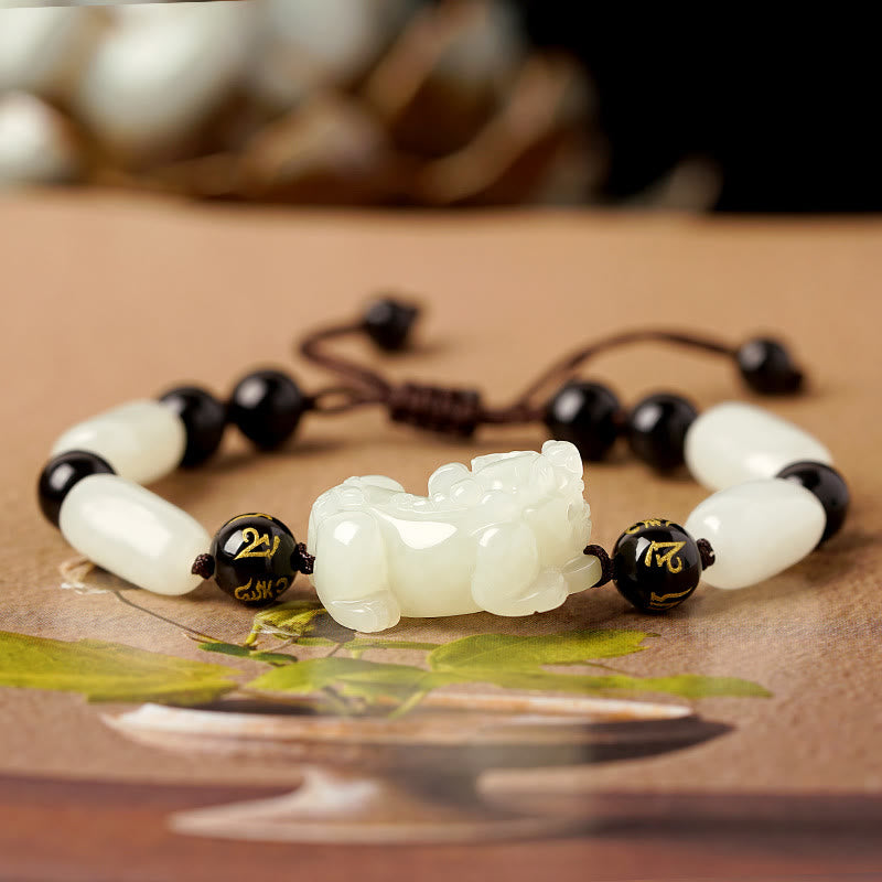 Buddha Stones Natural Hetian White Jade PiXiu Wealth String Bracelet - Om Mani Padme Hum White Jade Pixiu - Women - image 3