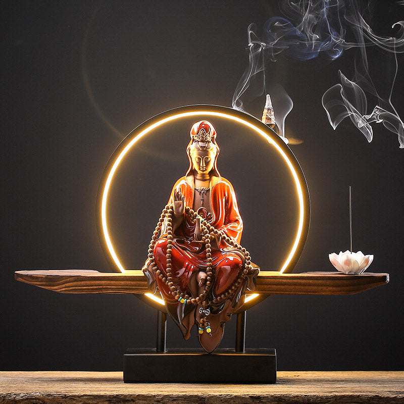 Buddha Stones Buddha Avalokitesvara Ceramic Lotus Relaxation Incense Burner Decoration - Avalokitesvara Red - image 18