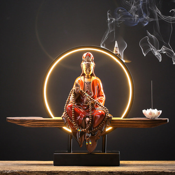 Buddha Stones Buddha Avalokitesvara Ceramic Lotus Relaxation Incense Burner Decoration - Avalokitesvara Red - image 18