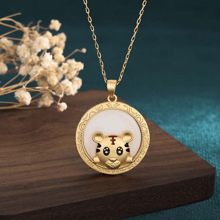 Buddha Stones White Jade Year of the Tiger Blessing Necklace - White Jade - image 0