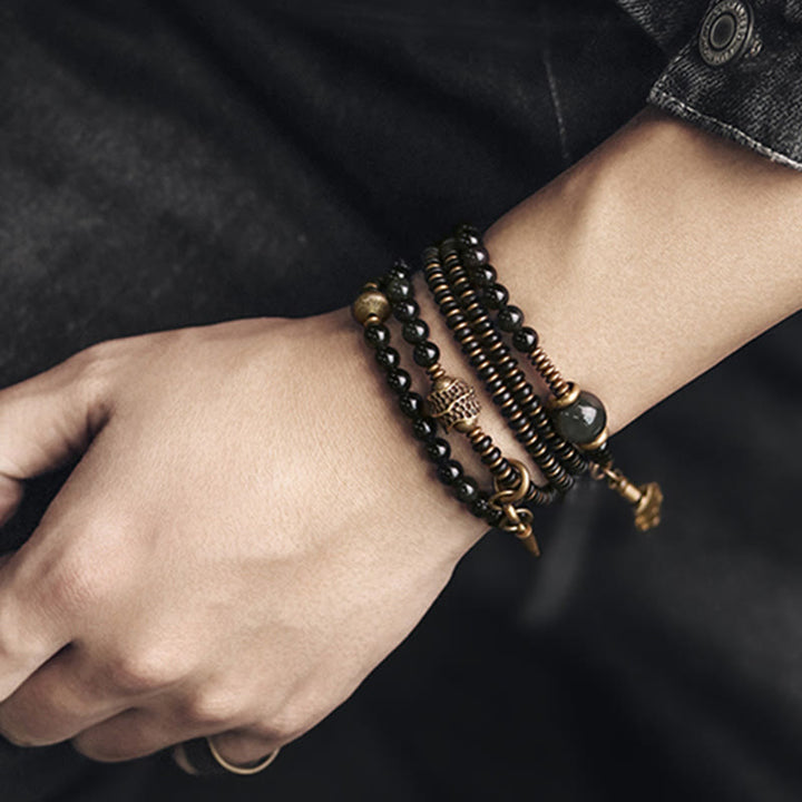 Buddha Stones Rainbow Obsidian Ebony Wood Copper Positive Multilayer Bracelet - image 13