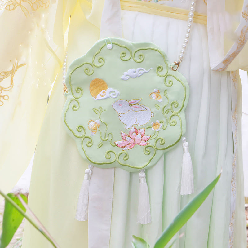 Buddha Stones Luck Embroidery Lotus Koi Fish Rabbit Flower Hanfu Bag Crossbody Bag Shoulder Bag - Green Flower Rabbit - image 22