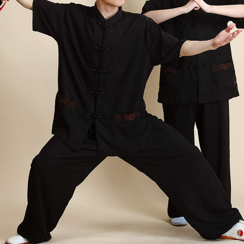 Buddha Stones Meditation Zen Prayer Spiritual Tai Chi Qigong Practice Unisex Embroidery Clothing Set - Short Sleeve Black Embroidery - US14，UK/AU18，EU46 (3XL) - image 24