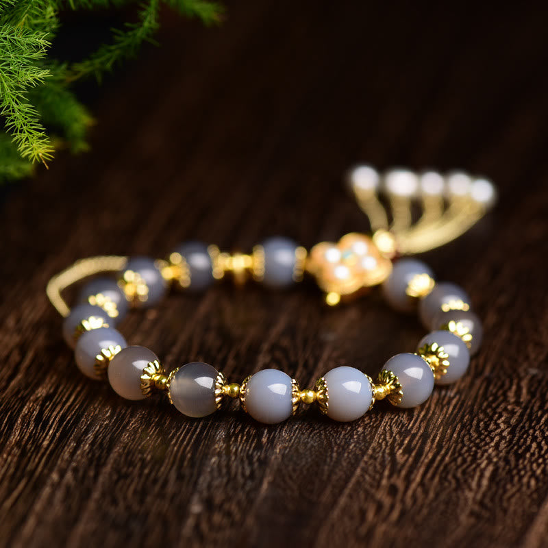 Buddha Stones Natural Gray Agate Fu Character Pearl Tassel Balance Bracelet - image 3