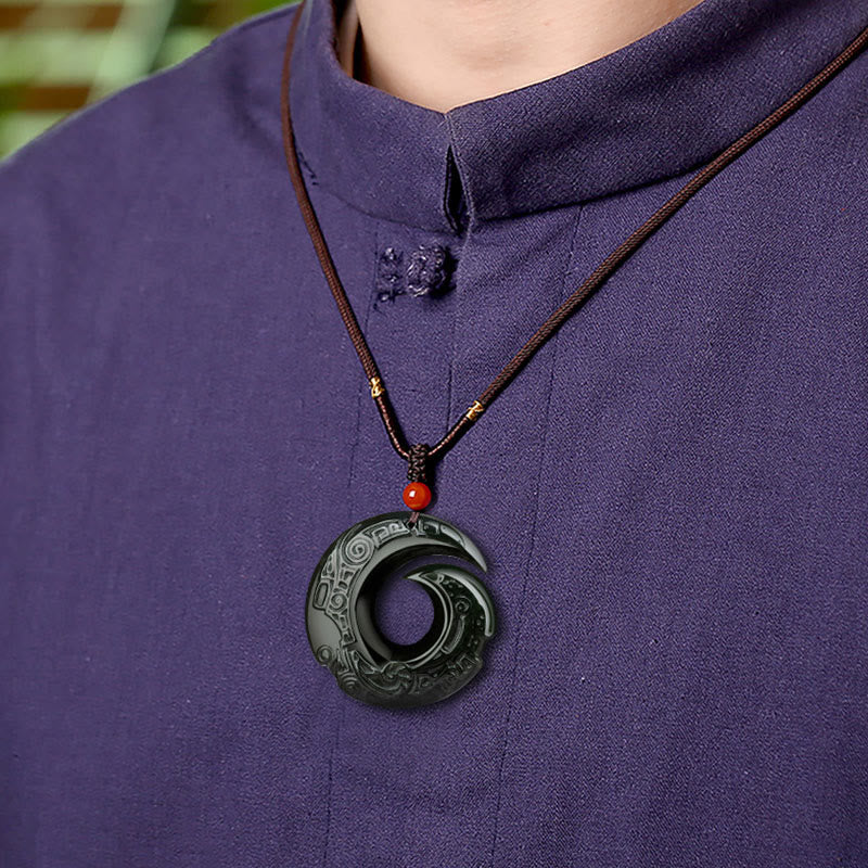 Buddha Stones One's Luck Improves Design Patern Natural Hetian Cyan Jade Success Necklace Pendant - image 8