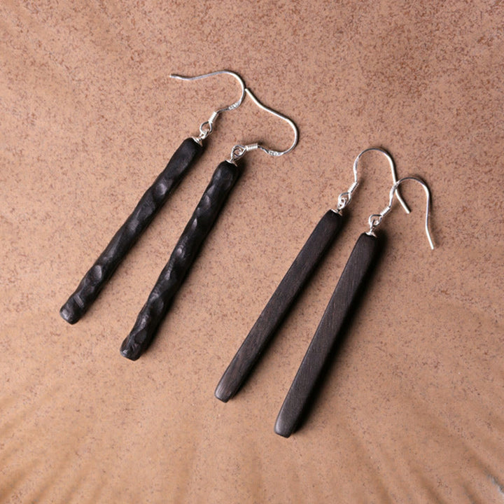 Buddha Stones 925 Sterling Silver Ebony Wood Texture Balance Peace Drop Dangle Earrings - image 1