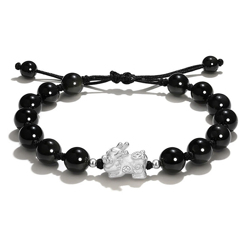 Buddha Stones Natural Black Obsidian Cat's Eye Pink Crystal PiXiu Strength Bracelet - image 1