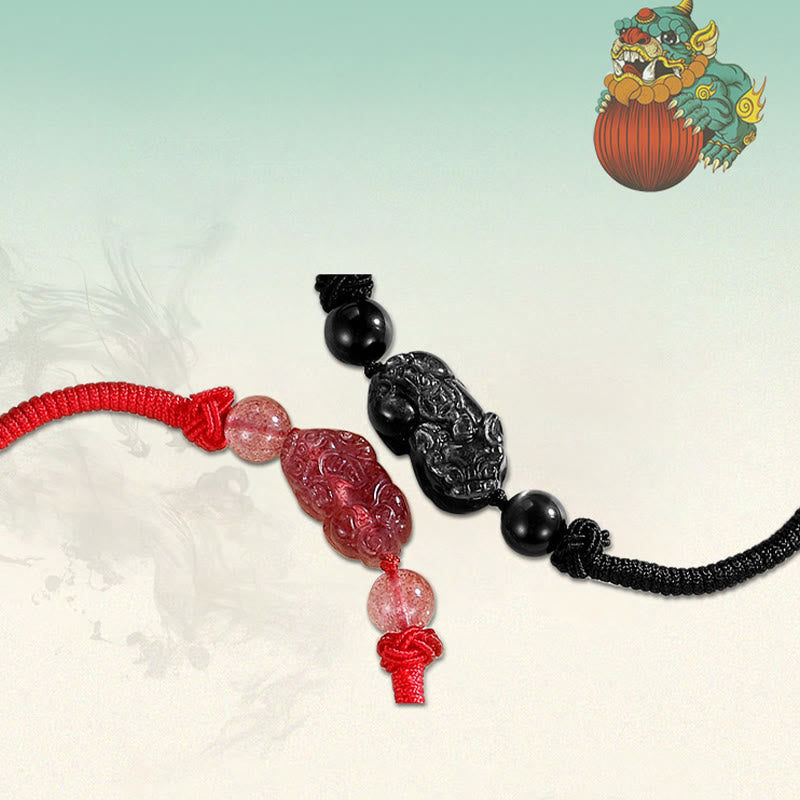 Buddha Stones Handmade Natural Silver Sheen Obsidian Strawberry Quartz PiXiu Protection Braided Bracelet - image 10