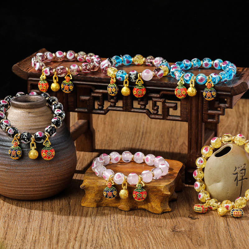 Buddha Stones Gold Swallowing Beast Family Pink Love Heart Luminous Fluorescent Liuli Glass Bead Bracelet - image 1