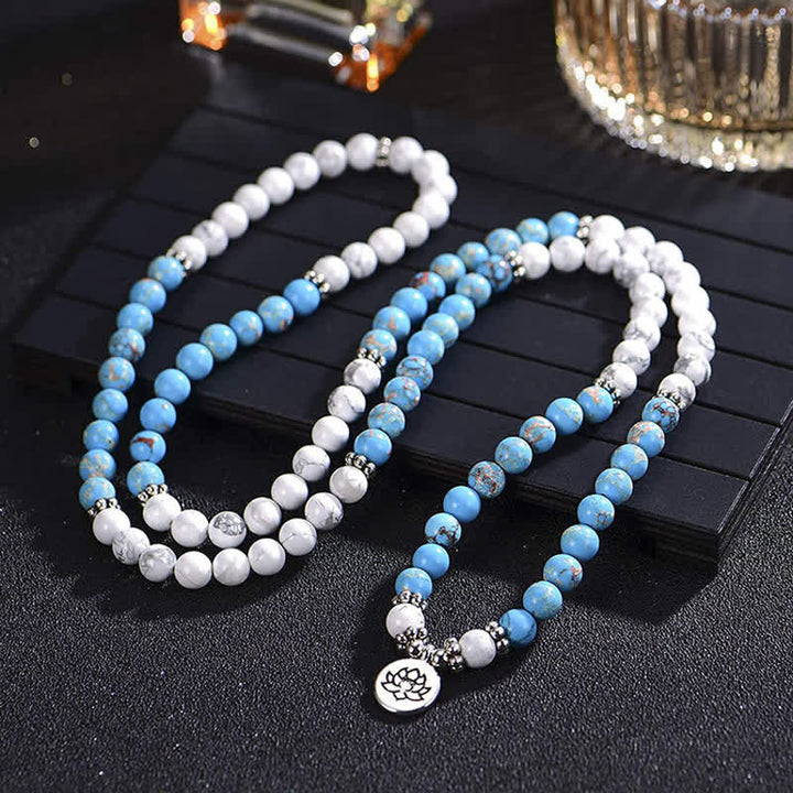 108 Mala Beads White Turquoise Emperor Stone Lotus Blessing Bracelet - image 3