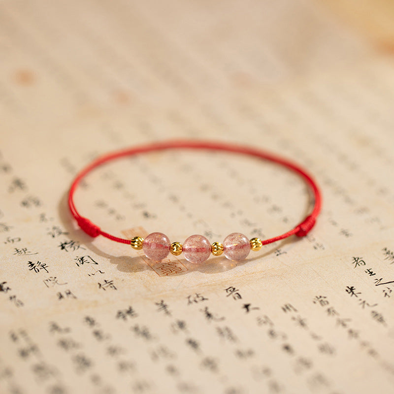 Buddha Stones Strawberry Crystal Beads Luck Red String Anklet - Red (Anklet Circumference 20-25cm) - image 0