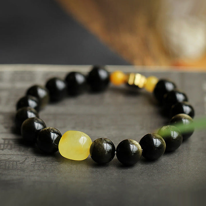 Buddha Stones 925 Sterling Silver Chinese Zodiac Natal Buddha Natural Gold Sheen Obsidian Amber Wealth Protection Bracelet - image 7